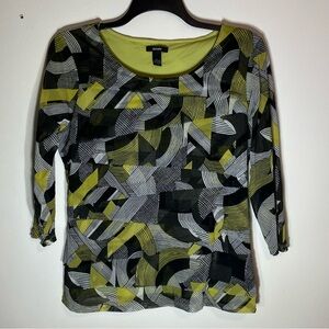 Alfani Yellow Black Women's Large Printed Abstract 3/4 Long Sleeve Sheer Blouse